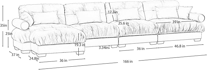 KEIKI 166 L-Shaped Oversized Velvet Modular Sectional Sofa with 1 Ottoman High-Density Foam Cushions and Bolstered Armrests Upholstered 4-Seater Cloud Couch with 6 Pillow for Living Room Green