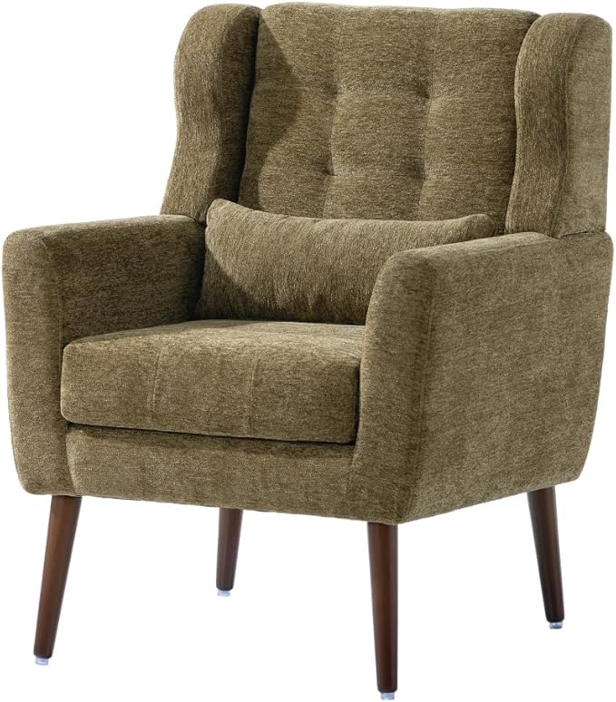 Modern Accent ChairChenille Arm Chairs for Living RoomUpholstered Mordern ArmchairComfy Soft Padded Lounge Chair in Small Space Bedroom w/Pillow Solid Wood Leg (Olive Green + Chenille)