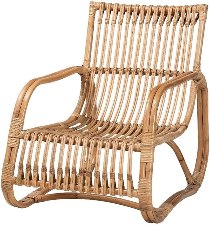 Pemberly Row Contemporary Natural Rattan Accent Chair 24 W x 29.75 D x 29 H Handcrafted Openwork Frame with Rounded Armrest Bohemian Style for Living Room or Lounge Use