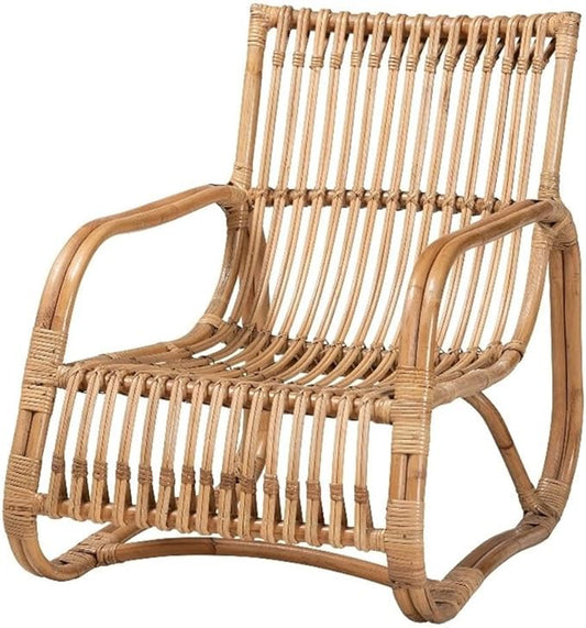 Pemberly Row Contemporary Natural Rattan Accent Chair 24 W x 29.75 D x 29 H Handcrafted Openwork Frame with Rounded Armrest Bohemian Style for Living Room or Lounge Use
