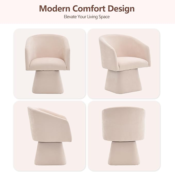 Swivel Modern Accent ChairLuxury Fabric Upholstered Makeup Chair Comfy Barrel Chair with No Wheels360°Rotating Vanity Armchair for Living Room Bedroom Office (WhiteSet of 2)