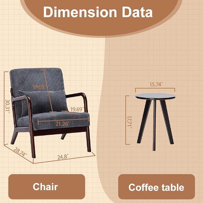 Mid Century Modern Accent Chair with Side Table Upholstered Corduroy Armchair with Lumbar Pillow Solid Rubberwood Frame for Living Room Bedroom Reading Nook Dary Grey/Walnut
