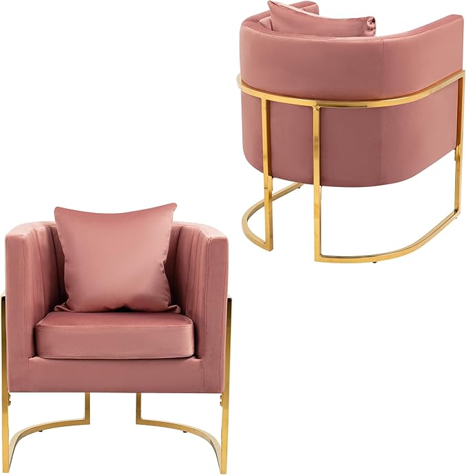 Velvet Modern Accent Chair Upholstered Barrel Armchair Mid Century with Pillow for Living Room Comfy Single Vanity Chair with Metal Gold Legs for Bedroom Pink