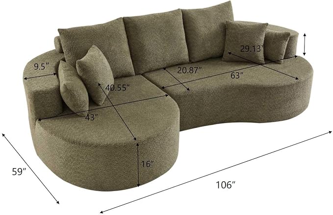 kevinplus 106'' Sectional Curved Sofa Sponge Couch with Chaise Lounge for Living Room L-Shape Modern Sectional Sofa Couch No Wood Structure &amp No Assembly 72 Hour Rebound Green