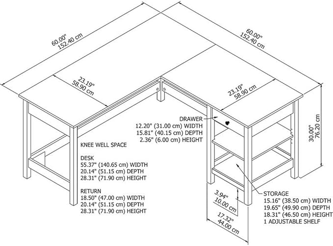 Pemberly Row L Shaped Computer Desk 60W x 60D x 30H Engineered Wood Shiplap Gray and White Finish Adjustable Storage Shelves Small Drawer Modern Farmhouse Home Office Desk