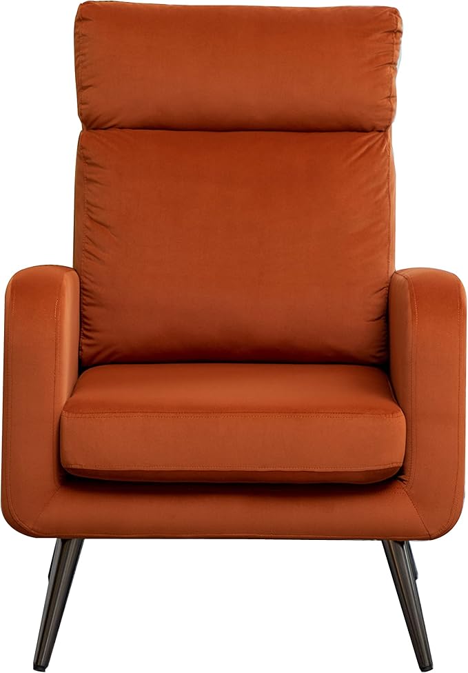 Velvet Accent Chair Modern Living Room Armchair Bedroom Dorm Reading Reception Room Comfort Upholstered Sofa Chair Black Metal Legs Orange