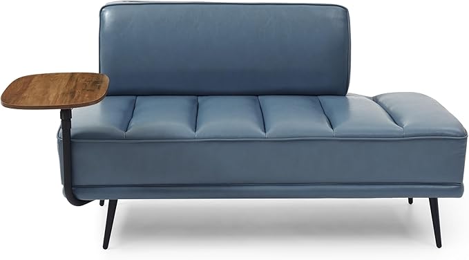 Modern Upholstered End of Bed Bench with 360-Degree Swivel Tray 2 Seater Sofa Couch with Side Table Settee Bench with Metal Legs Backrest for Living RoomEntrywayFoyer (PU-With Tray Grayish Blue)
