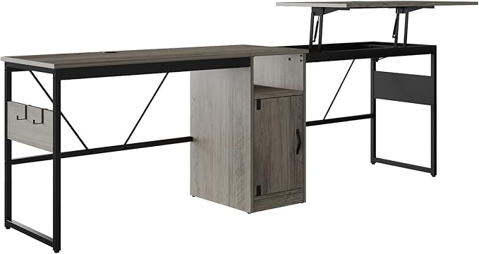 Bestier Versatile 60 Inch L-Shaped Standing Desk Lift Top Corner Desk Extending to 95 Inches with Storage Cabinet and Hooks for Home Office Washed White
