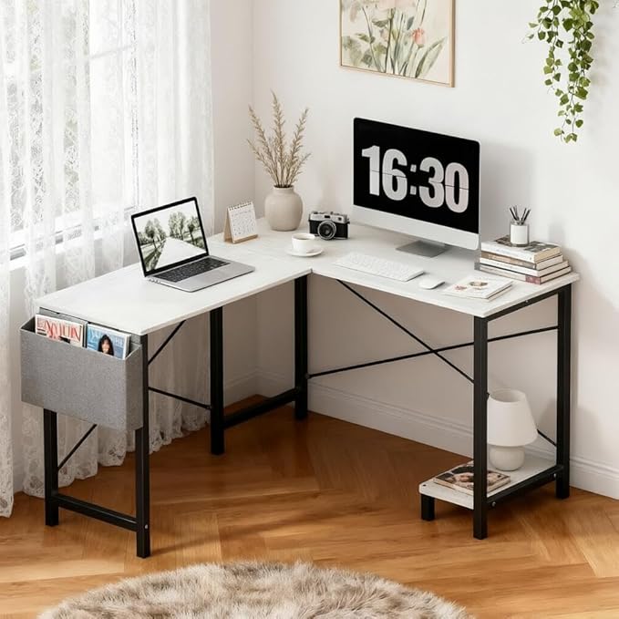 Alpen Corner Desk L Shaped Gaming Desk with Storage Pocket and CPU Stand Work Desk for Home Office Small Corner Study Writing Table with Sturdy Metal Frame 50 Inch Classic White