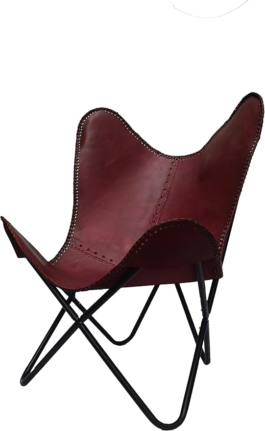 Brown Leather Accent Chair/Handmade Leather Butterfly Chair with Ottoman Boho Home Décor/Living Room Chair- Cover with Folding Frame (Black Iron Frame)