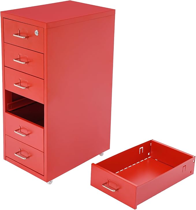 6 Drawers Mobile File Cabinet Rolling Vertical Filing Cabinet Under Desk Storage Organization 16 D x 11 W x 27 H (Red)