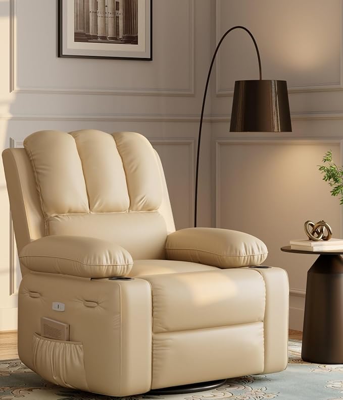Oversized Electric Recliner Chair for Adults Swivel Rocker Recliner with Massage and Heat Pu Leather Single Sofa with Cup Holder and Side Pocket for Living Room Bedroom Creamy