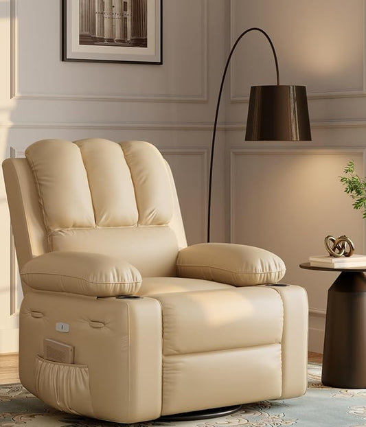 Oversized Electric Recliner Chair for Adults Swivel Rocker Recliner with Massage and Heat Pu Leather Single Sofa with Cup Holder and Side Pocket for Living Room Bedroom Creamy