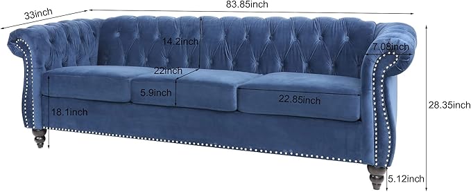 LEVNARY Three-Seat Velvet Sofa Large Sofa Classic Tufted Chesterfield Settee Modern 3 Seater Couch Furniture Tufted Back for Living Room Blue