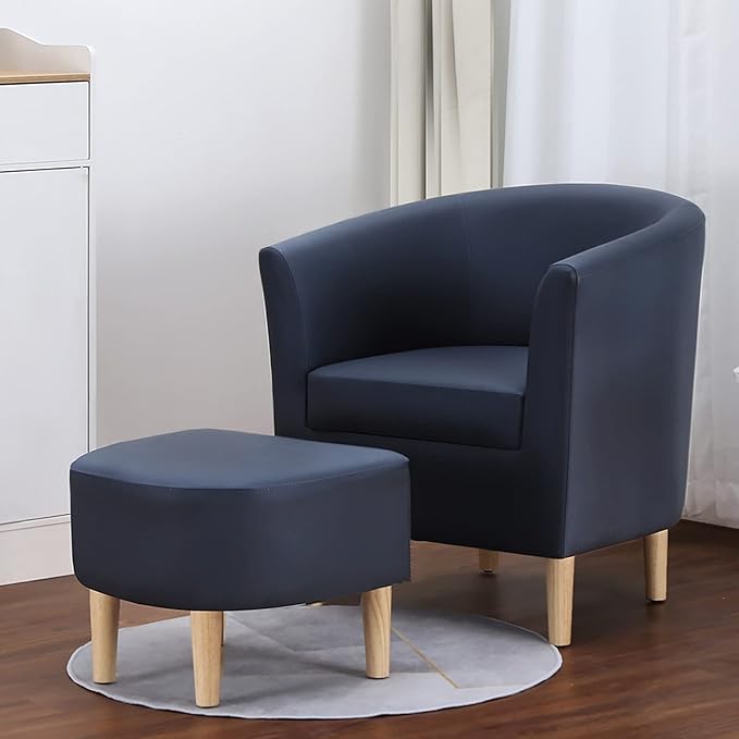 DAZONE Leather Chair Accent Chair Mid Century Modern with Ottoman Faux Barrel Comfy Armchair Upholstered Club Tub Round Arms for Living Room Bedroom Reading Navy Blue Set of 1