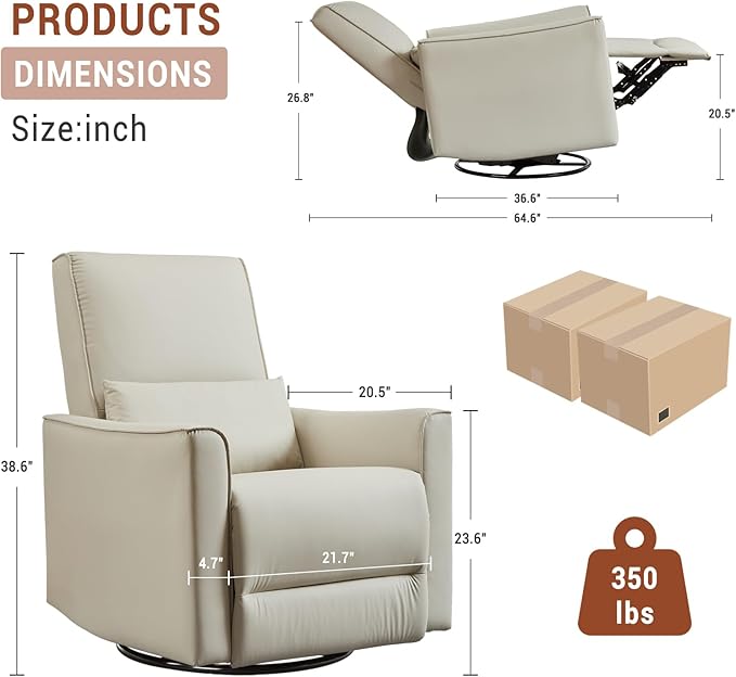 GarveeHome Recliner Chair 360° Swivel Rocker Glider Nursery Chair with Padded Armrest and Deep Seat PU Leather Upholstered Reclining Sofa Chair for Living Room Bedroom and Nursery (White)