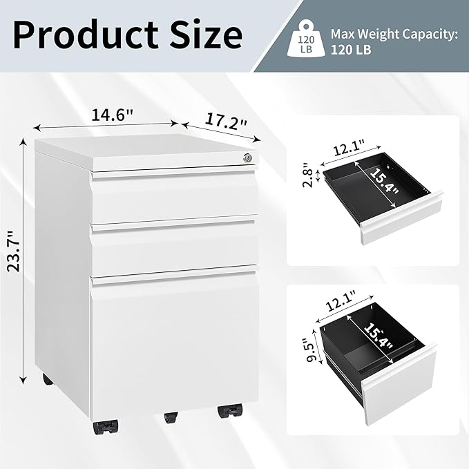 Mobile File Cabinet for Home Office Lockable 3 Drawer Filing Cabinet with Wheels for A4-Size/Letter-Size/Legal-Size Fully Assembled Except Casters White