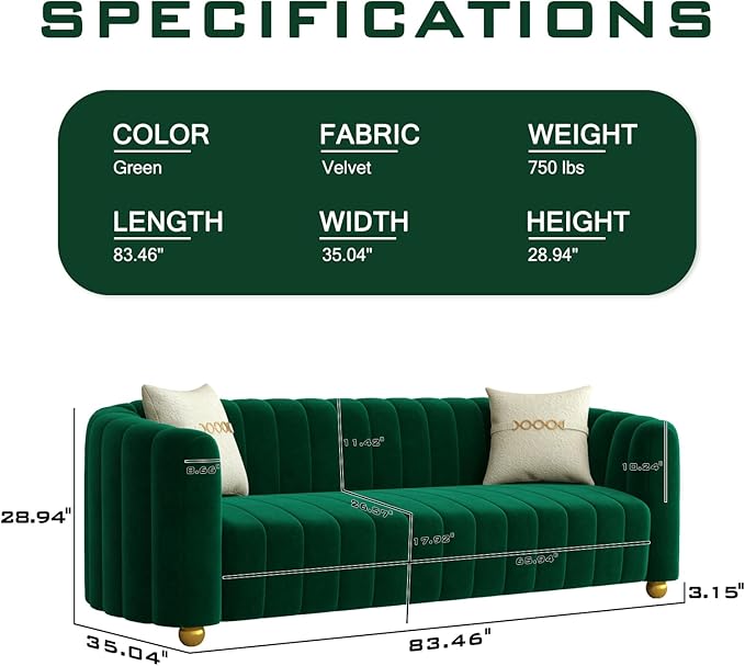 83 Green Velvet Couch Luxry Modern Sofas for Living Room Velvet Sofa 3-Seater Solid Wood Frame with Gold Metal Legs and Two Pillows Emerald Green Couch
