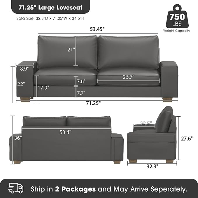 Faux Leather Couch Mid Century Modern Comfy Loveseat Sofa with Wide Arm Side Pockets Solid Wooden Frame for Office Living Room and Bedroom 2 Seater (Gery 71.25 Inches)