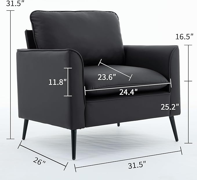 YITAI Modern Accent Living Room ChairsFaux Leather Oversized Single Sofa Chair with Metal Legs Mid Century Comfy Armchair for Bedroom/Office Reading/Lounge/Office/Reception2PCBlack