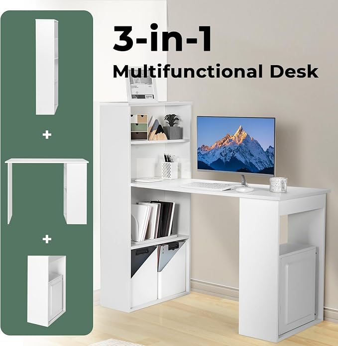 GRAFFY Computer Desk with 6 Storage Shelves - 48 Reversible Writing Desk Workstation with Bookshelf and CPU Stand Modern Compact Office Desk for Bedroom Study Home Office (White)
