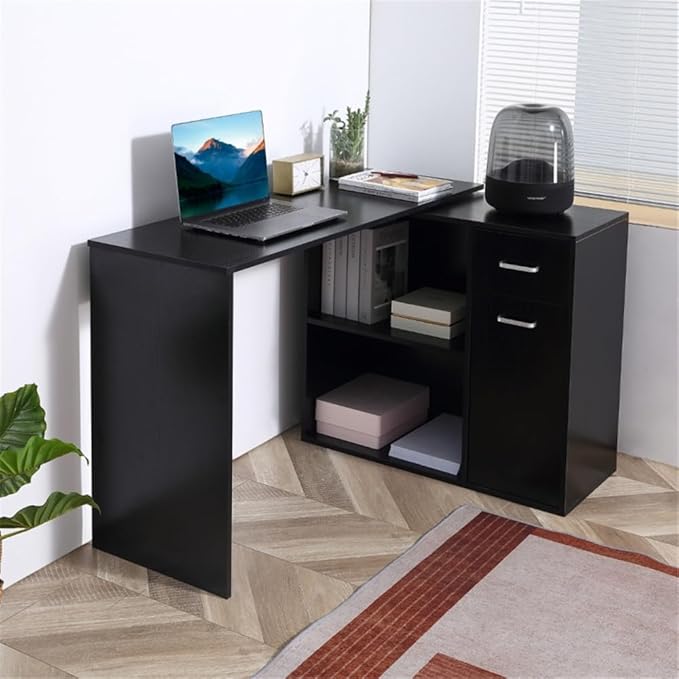Home Office Computer Desk Corner Desk with 2 Drawers and 2 Shelves 46 Inch Large L-Shaped Study Writing Table with Storage Cabinet - Black