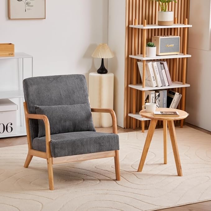 Mid-Century Accent Chair Upholstered Fabric Living Room Chair with Solid Wood Frame Modern Small Side Arm Chairs Comfy Wingback Reading Chair for Bedroom Office (Dark Grey A+Table)
