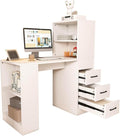 43'' White Modern Computer Desk with 4-in-1 Socket &amp 3 Drawers - Home Office Desk with 4 Shelves Standing Desk for Small Spaces Bedroom Studio - Compact Workstation Easy Assembly White