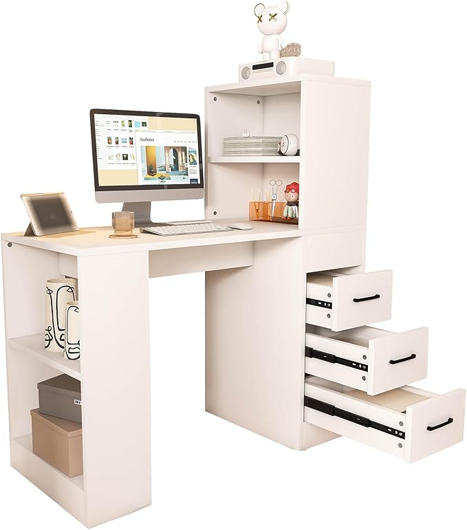 43'' White Modern Computer Desk with 4-in-1 Socket &amp 3 Drawers - Home Office Desk with 4 Shelves Standing Desk for Small Spaces Bedroom Studio - Compact Workstation Easy Assembly White