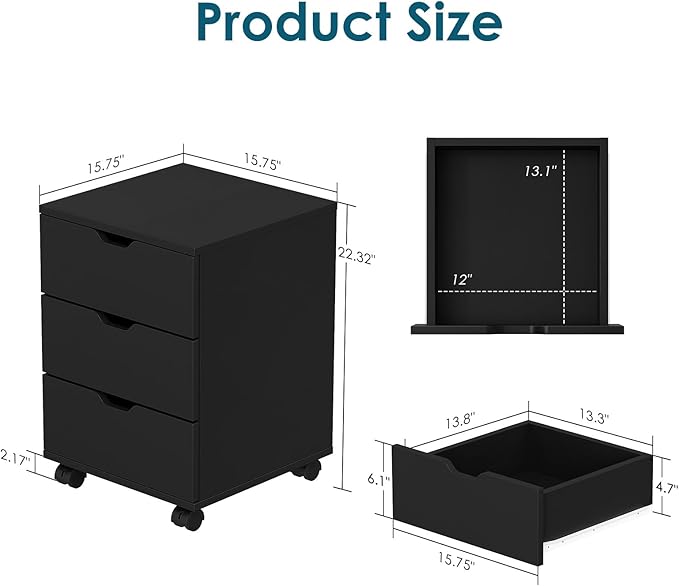 3-Drawer Mobile File Cabinet with Wheels Rolling Under Desk Wood Storage Cabinet Vertical Filing Organizer with Locking Casters for Home &amp Office (Fully AssembledBlack)