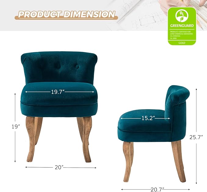 HULALA HOME Velvet Vanity Chairs with Low Back Modern Small Vanity Stool with Solid Wood Legs Upholstered Tufted Makeup Chair for Bedroom Living Room Dressing Women Girls Set of 2 Teal