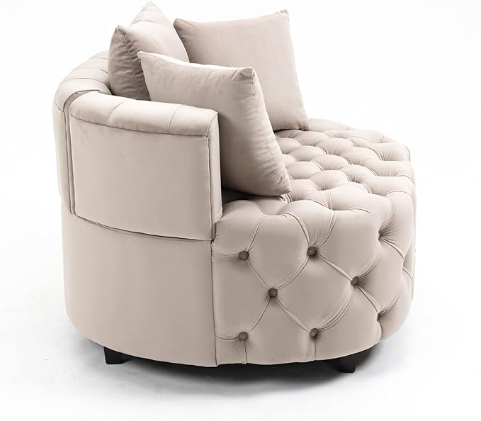 Setawix 40.6 W Round Barrel ChairModern Velvet Upholstered Accent Arm Chairs for Living RoomButton Tufted Club Chair OversizedLuxury Single Lounge Sofa Chair for BedroomOfficeHotel (Light Khaki)