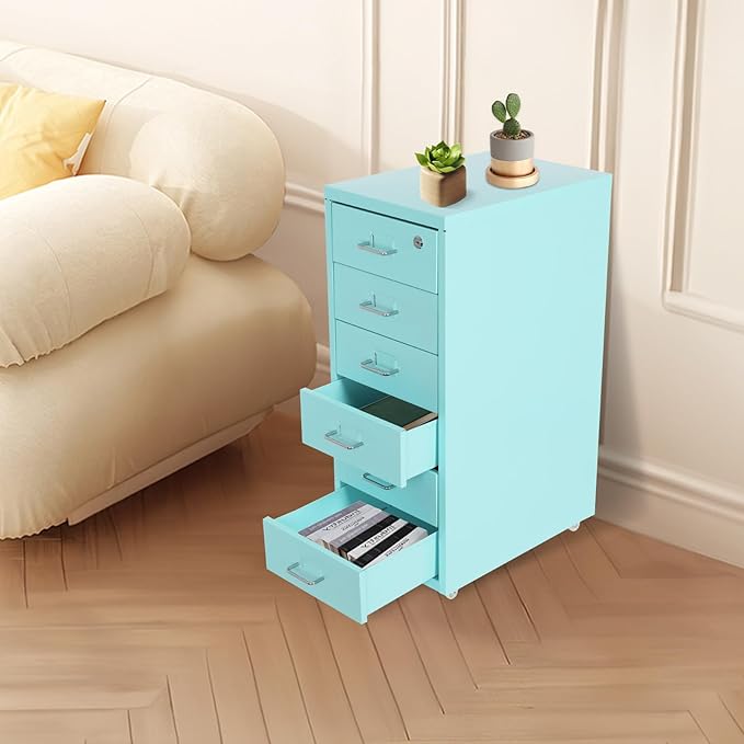 Office File Cabinet w/4 Wheels 6 Drawer Metal Small Vertical File Cabinets w/2 Lock Smooth Edges Mobile Storage Cabinet File Organizer for Home Office Living Room 11 * 16 * 27in (Blue)