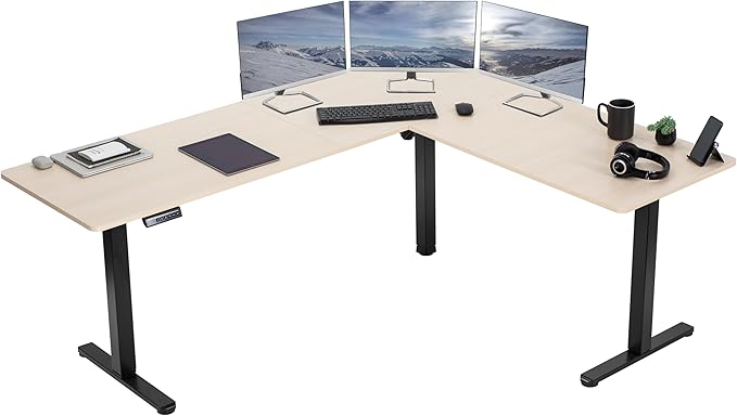 VIVO Corner Standing Desk 75 x 63 inch Reversible L-Shaped Workstation Electric Height Adjustment Home Office and Reception Rooms Light Wood Table Top Black Frame DESK-E3CTBC-75