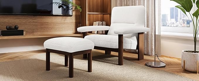 Modern Accent Chair with Ottoman Mid Century Lounge Chair with footrest Comfy Fabric Armchair Upholstered Set with Solid Wood e for Living Room