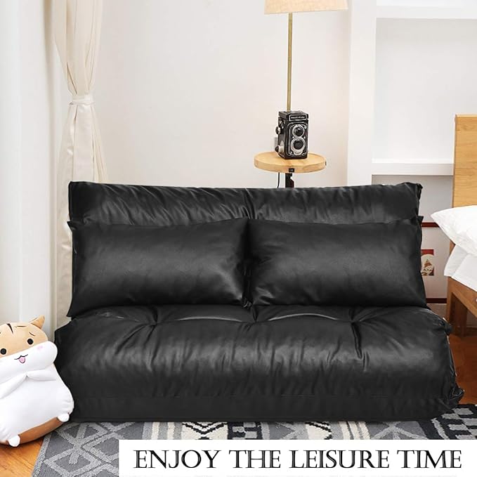 Giantex Convertible Sofa Bed Floor Couch with 2 Pillows PU Leather Loveseat Recliner Folding Lazy Sleeper Sofa 5 Position Video Gaming Sofa Mattress for Reading Living Room Bedroom