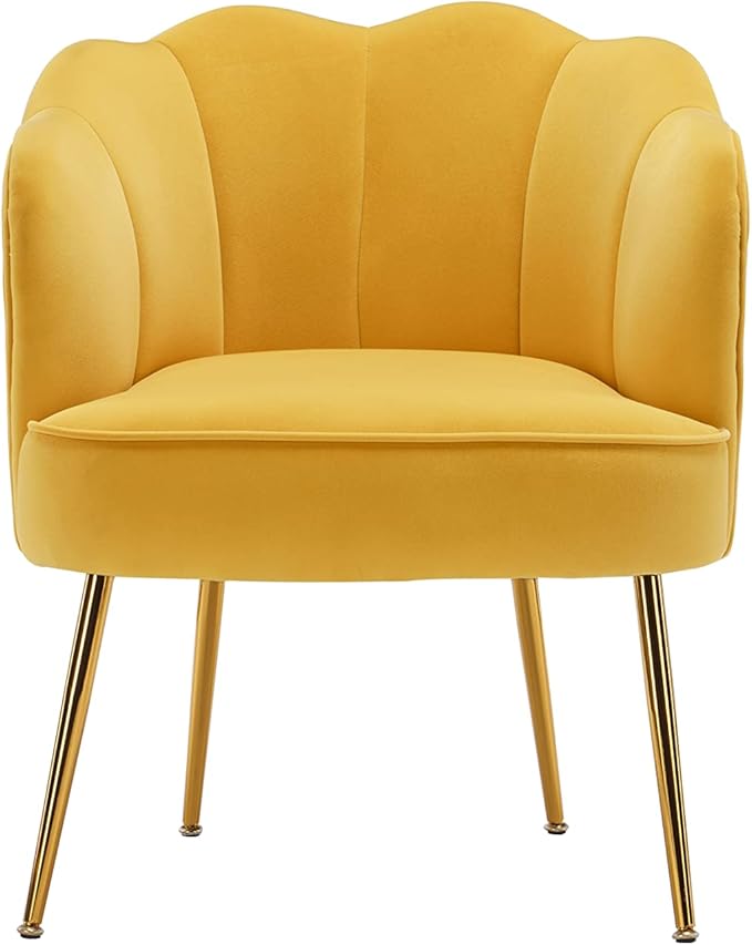 Shell Shape Velvet Fabric Armchair Accent Chair with Gold Legs for Living Room BedroomYellow