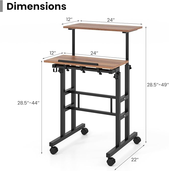 Tangkula Mobile Standing Desk Height-Adjustable Laptop Podium Cart with Tilting Tabletop &amp Adjustable Angle Rolling Stand Up Computer Desk with 2 Hanging Hooks &amp Lockable Casters for Home Of