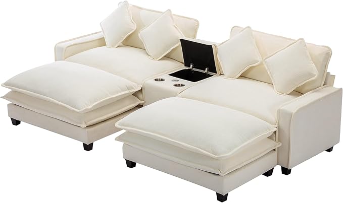 Sectional Sofa Chenille Upholstered with 2 Removable Ottoman 2 USB Ports 2 Cup Holders Large Storage Box for Living Room