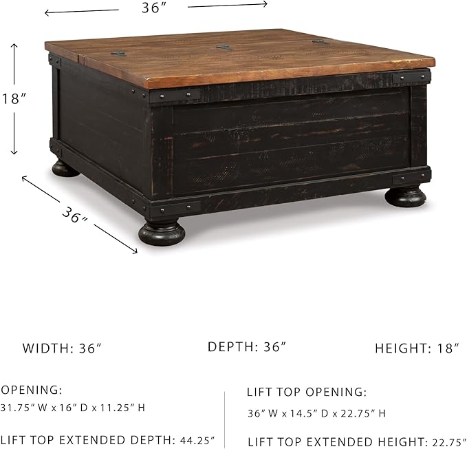 Signature Design by Ashley Valebeck Lift Top Coffee Table Storage Split-top Design Wood 36 W x 36 D x 18 H 2-tone Distressed Brown &amp Black Finish