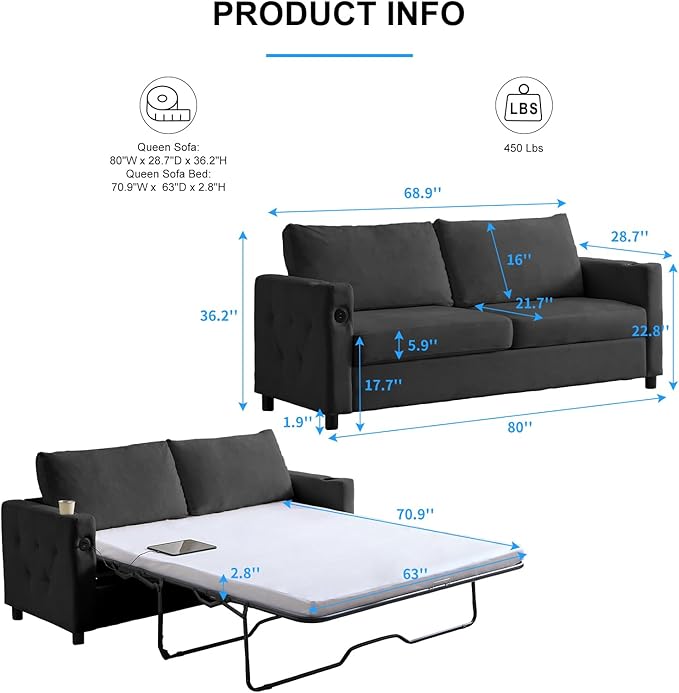PUREMIND Queen Sleeper Sofa Couch 69 Velvet Pull Out Sofa Bed with Folding Foam Mattress 2-in-1 Sleeper Loveseat with USB &amp Cup Holders Pull Out Bed for Living Room Small Spaces Dark Grey