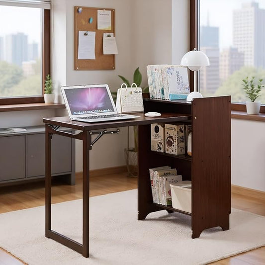 KEIKI Extendable Computer Desk Bamboo Folding Desk Computer Desk with Hidden Storage and Built-in Socket Mid Century Foldable Table for Home Office and Bedroom Walnut Brown