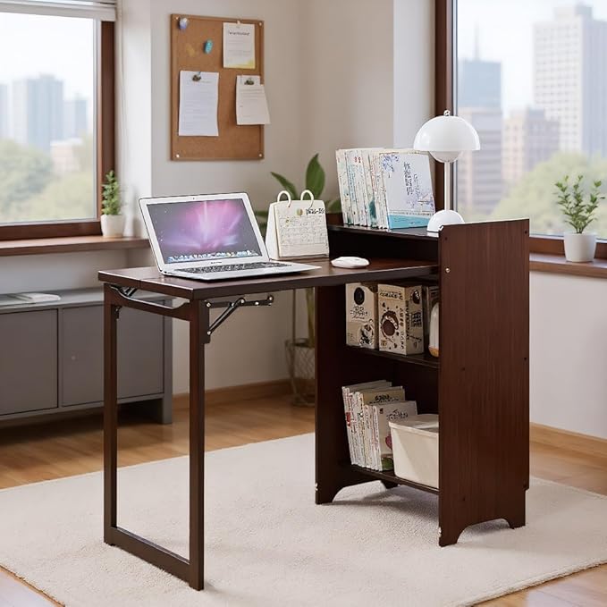 Bamboo Foldable DeskHidden Desk with StorageMid Century Fold Out Table for Small SpacesHome Office and Bedroom (Walnut Brown)