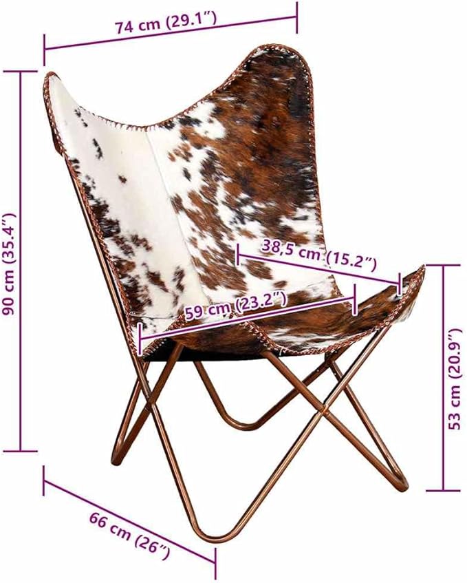 YAFF Brown &amp White Cowhide Leather Butterfly Chair – Ergonomic Comfort Iconic Style Lightweight &amp Durable Powder-Coated Iron Frame Perfect for Living Room Relaxation