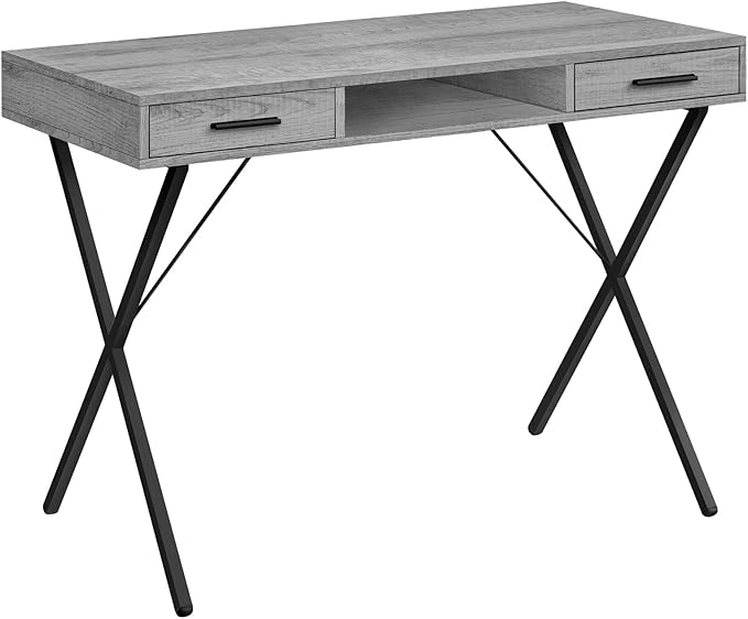 Penau Computer Desk for Home Office Grey Wood-Look Finish X-Design Black Metal Base 2 Storage Drawers 42l x 20w x 30h