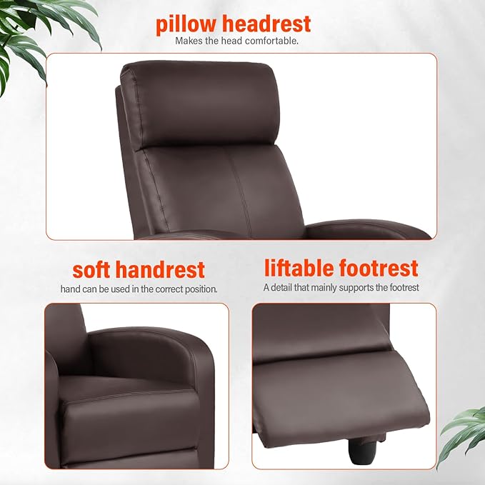 Recliner Chair PU Leather Massage Single Sofa Home Theater Seating Breathable Padded Reading Sofa with Footrest for Bedroom Living RoomBrown