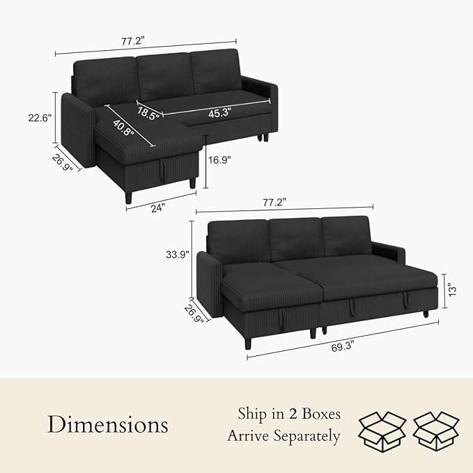 JAMFLY Pull Out Sleeper Sofa Bed with Storage Chaise L-Shaped Corduroy Sectional Couch 3-Seater Convertible Sofa with Hidden Storage for Small Living Room Apartment Office Black