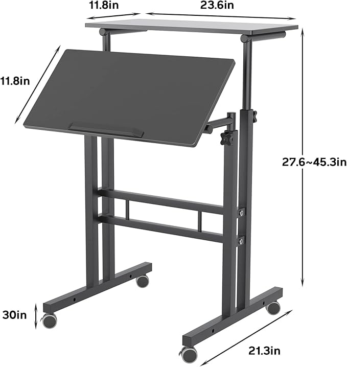 soges 23.6inches Height Adjustable Desk Laptop Desk on The Wheels Rolling Stand Up Desk Computer Desk Adjustable Standing Desk Sit and Stand Desk Portable Laptop Table Black