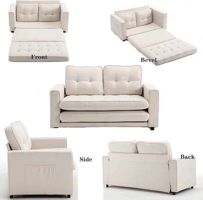 Futon Sofa Bed Convertible Folding Chaise Lounge for Compact Living Studio Bedroom Offices Dorm - Adjustable Pull Out Breathable Small Loveseat (Off White)