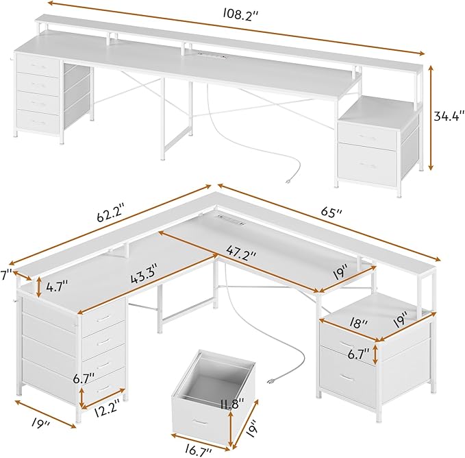 SEDETA L Shaped Desk with 6 Drawer 108 Home Office Desk with File Drawer &amp Power Outlet Corner Computer Desk with Monitor Shelf File Cabinet Two Person Desk Gaming Desk with Led Lights Whit